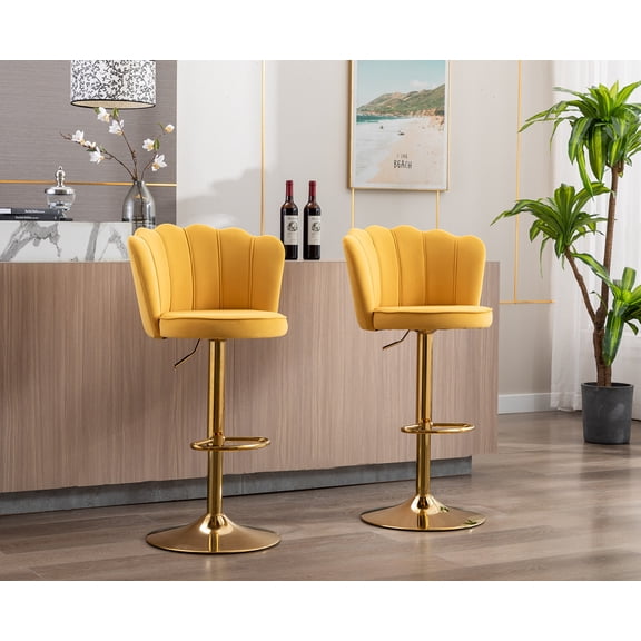 Guyou Swivel Adjustable Bar Stools Set of 2, Velvet Counter Height Barstools with Petal Back and Gold Footrest, Modern Counter Bar Height Stool Chairs for Kitchen Island Bar Cafe, Yellow