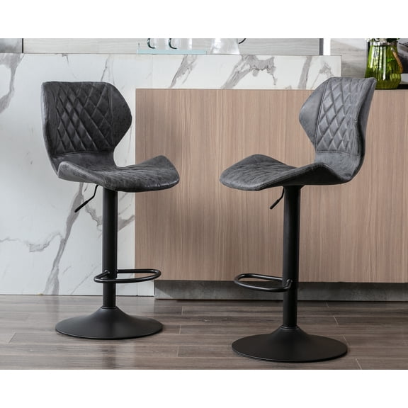 Guyou Swivel Adjustable Bar Stools Set of 2, Faux Leather Bar Stools with Rhombus and Curved Back Modern Bar Stools, Brown