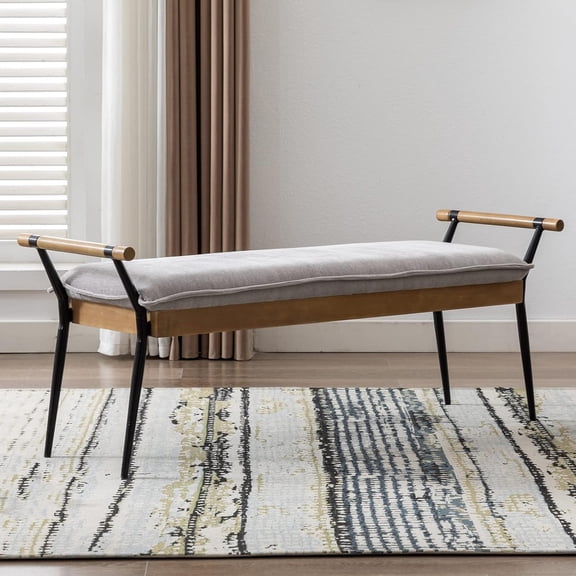Guyou Upholstered Bench with Arms and Metal Legs, Dark Gray
