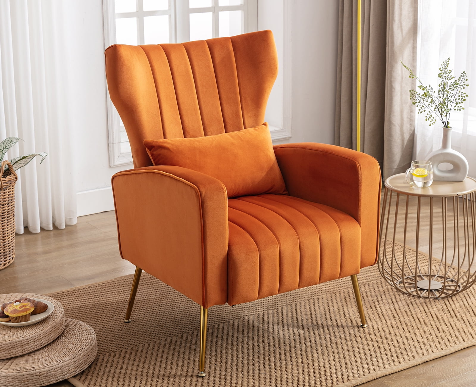 Guyou Velvet Accent Chair, Modern Upholstered Wingback Armchair with Metal Legs and Pillows