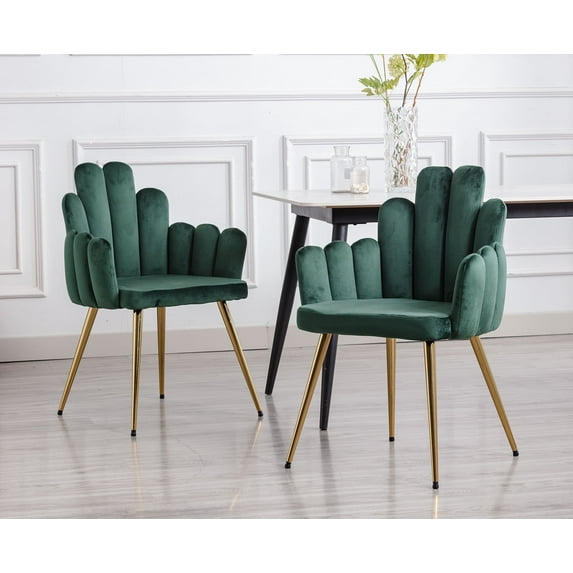 Guyou Velvet Dining Chair Set of 2, Modern Finger Shaped Upholstered Armchair Side Chair Makeup Chair with Back and Metal Legs for Living Room Bedroom Dining Room Powder Room, Green