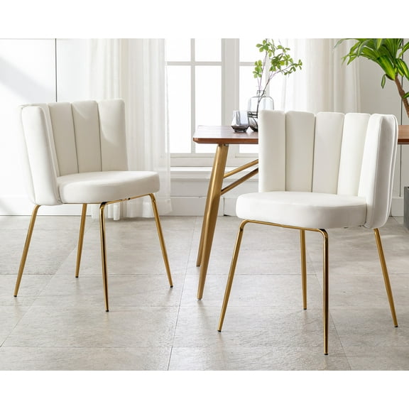 Guyou Velvet Dining Chair Set of 2, Modern Upholstered Side Chairs Comfy Seat Kitchen Chair with Curved Back and Metal Legs for Dining Room Living Room Bedroom, Cream