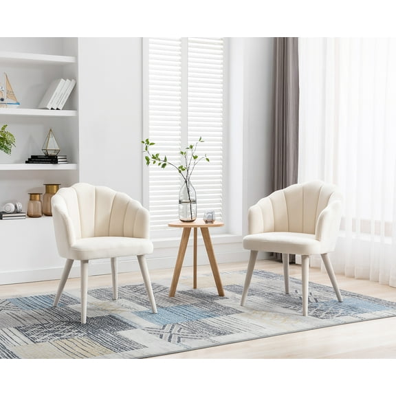 Guyou Velvet Dining Chair Set of 2, Modern Upholstered Vanity Armchair with Petal Back and Wooden Legs, Comfy Kitchen Side Chairs for Dining Room Bedroom Living Room, Cream