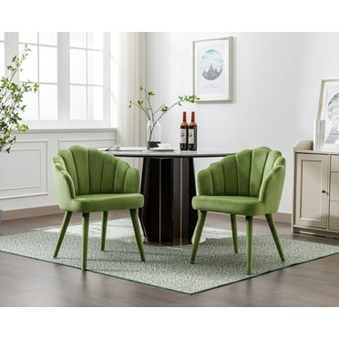 Guyou Velvet Dining Chair Set of 2, Modern Upholstered Vanity Armchair with Petal Back and Wooden Legs, Comfy Kitchen Side Chairs for Dining Room Bedroom Living Room, Olive