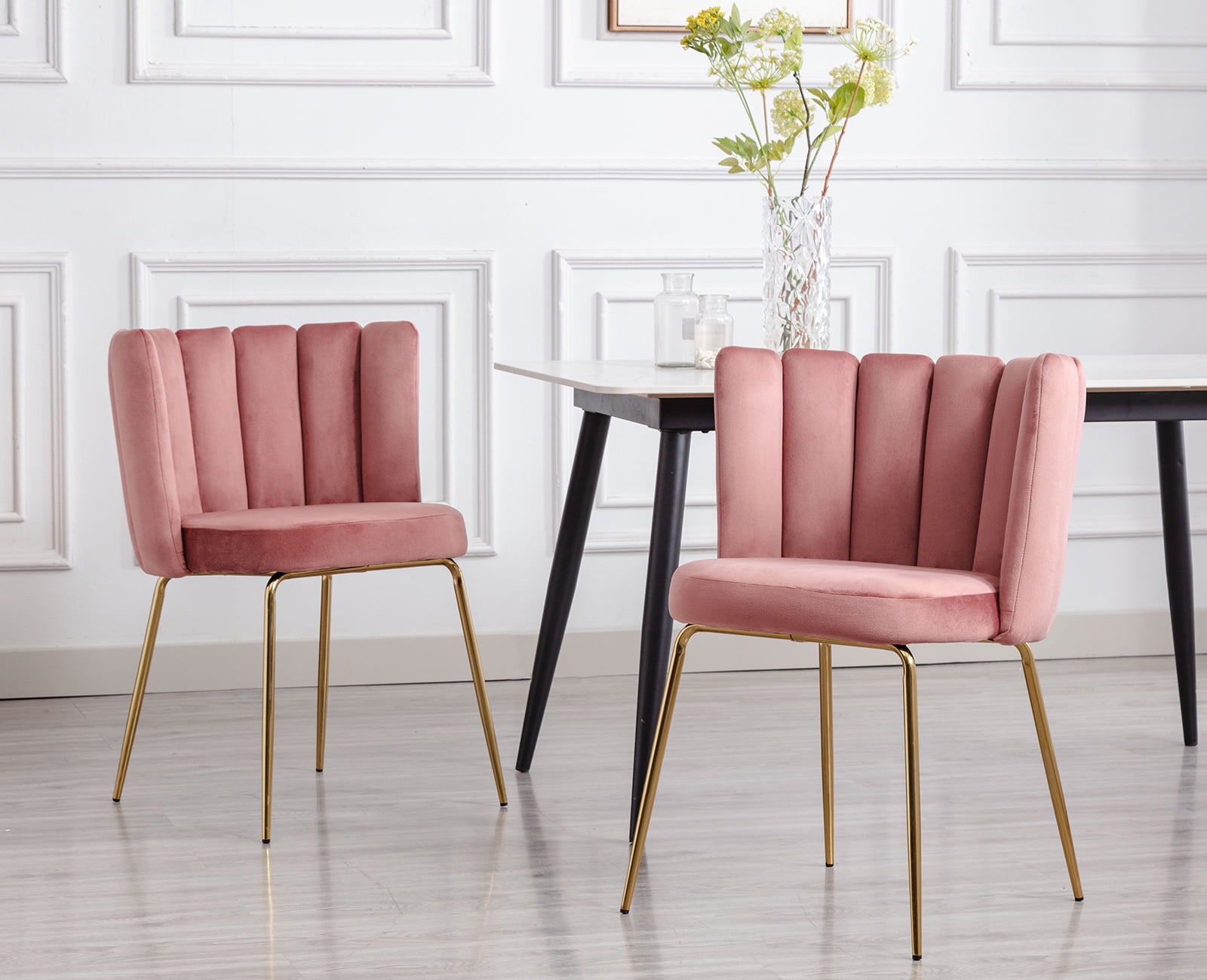 Guyou Velvet Dining Chair Set of 2, Modern Upholstered Side Chairs Accent Chair with Back and Metal Legs for Dining Room Living Room Bedroom, Pink