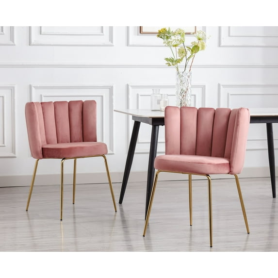 Guyou Velvet Dining Chair Set of 2, Modern Upholstered Side Chairs Accent Chair with Back and Metal Legs for Dining Room Living Room Bedroom, Pink