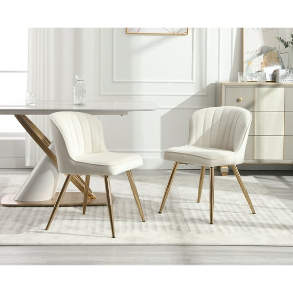 Guyou Velvet Dining Chairs Set of 2, Modern Kitchen Chairs with Shell Back and Metal Legs, Comfy Armless Side Chairs for Living Room Dining Room Kitchen, White
