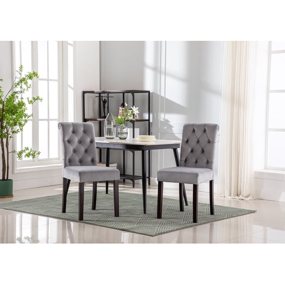 Guyou Velvet Leather Dining Chairs Set of 2, Mid Century Modern Solid Wood Parsons Chairs, Button Tufted Upholstered Armless Side Chairs with High Back for Dining Room Kitchen Restaurant, Grey