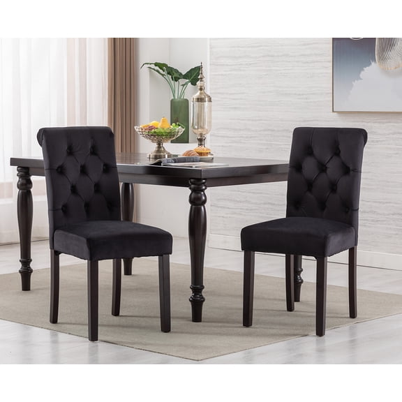 Guyou Velvet Leather Dining Chairs Set of 2, Mid Century Modern Solid Wood Parsons Chairs, Button Tufted Upholstered Armless Side Chairs with High Back for Dining Room Kitchen Restaurant, Black