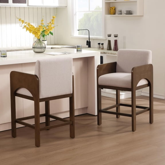 Guyou Walnut Bar Stools Set of 2, 27" Upholstered Counter Height Bar Stools for Kitchen Counter with Footrest, Modern Bar Chairs Wooden Barstool with Linen Seat for Dining Room Home Bar, Oatmeal