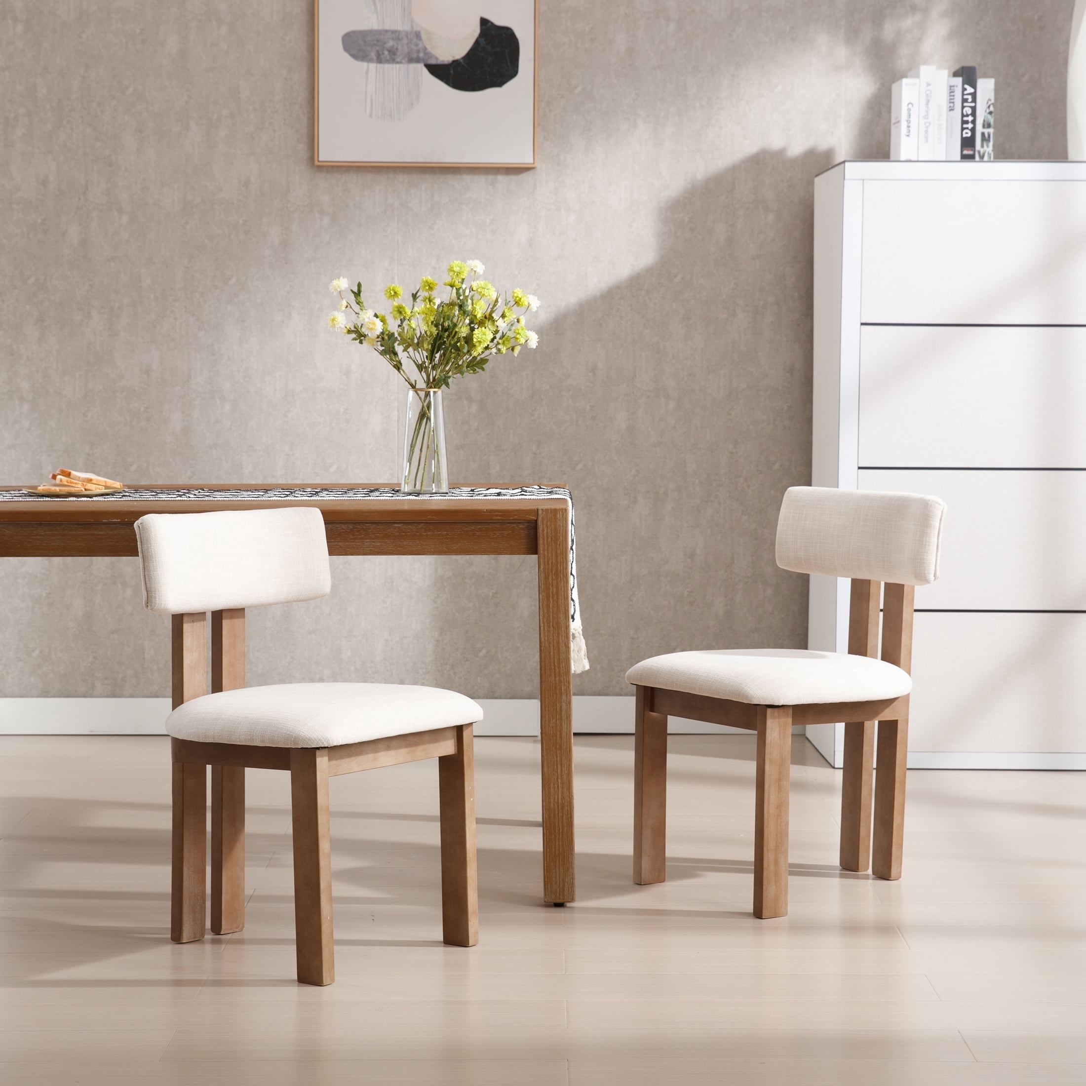 Guyou Wooden Dining Chairs Set of 2, Mid Century Modern Linen Upholstered Dining Side Chairs, Farmhouse Kitchen Chairs with Curved Back for Kitchen Dining Room Living Room, Beige