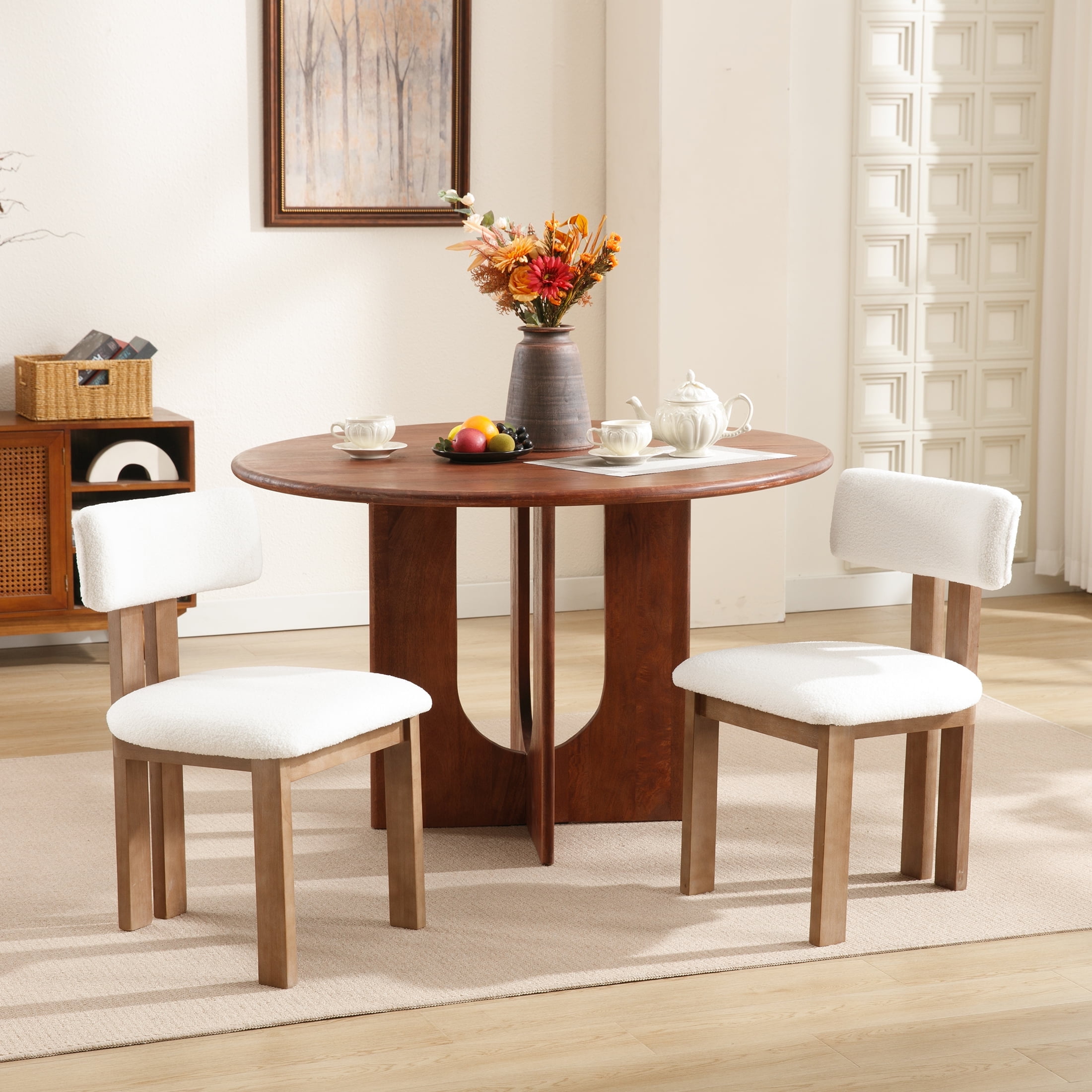 Guyou Wooden Dining Chairs Set of 2, Mid Century Modern Sherpa Upholstered Dining Side Chairs, Farmhouse Kitchen Chairs with Curved Back for Kitchen Dining Room Living Room, White