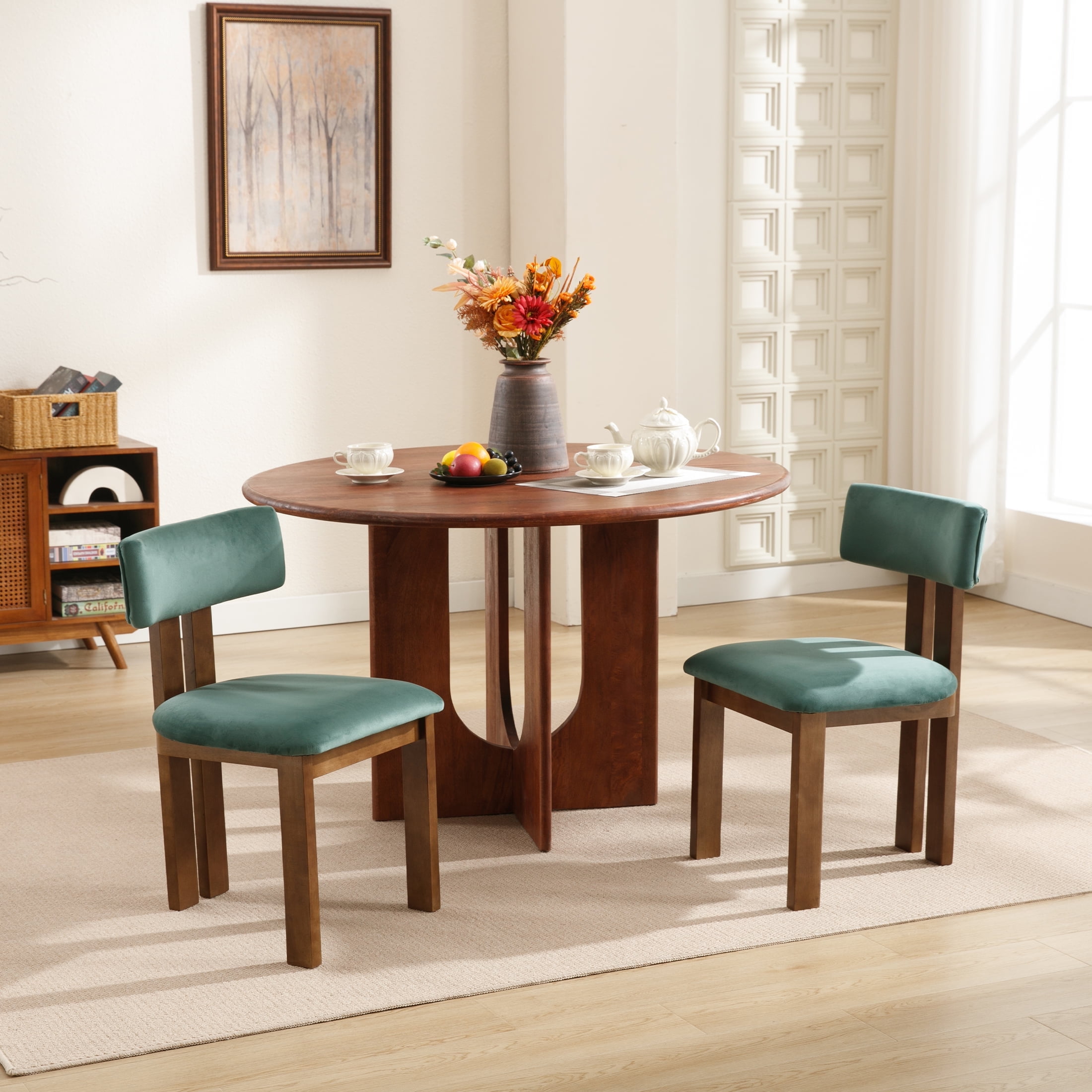 Guyou Wooden Dining Chairs Set of 2, Mid Century Modern Velvet Upholstered Dining Side Chairs, Farmhouse Kitchen Chairs with Curved Back for Kitchen Dining Room Living Room, Green