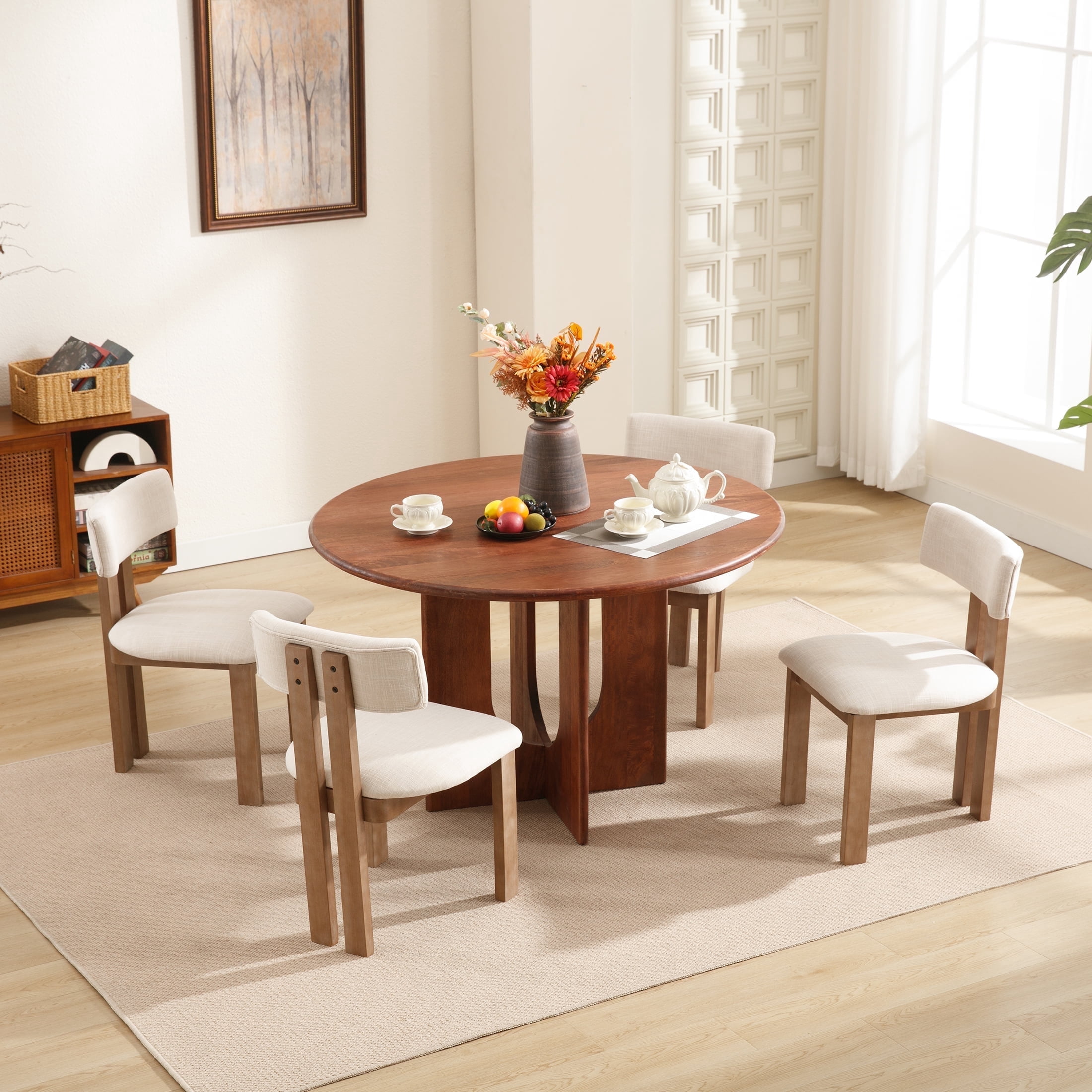 Guyou Wooden Dining Chairs Set of 4, Mid Century Modern Linen Upholstered Dining Side Chairs, Farmhouse Kitchen Chairs with Curved Back for Kitchen Dining Room Living Room, Beige