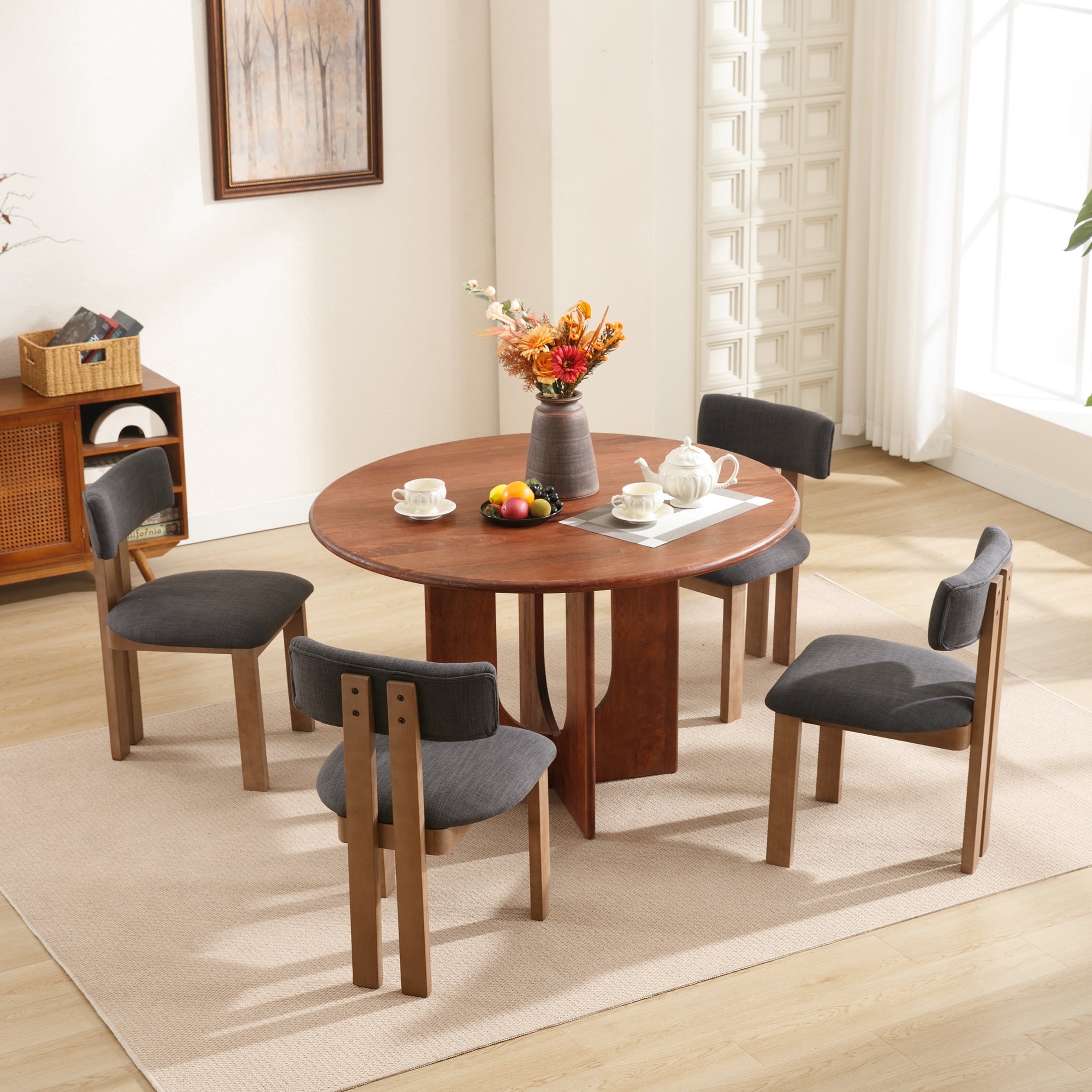Guyou Wooden Dining Chairs Set of 4, Mid Century Modern Linen Upholstered Dining Side Chairs, Farmhouse Kitchen Chairs with Curved Back for Kitchen Dining Room Living Room, Charcoal