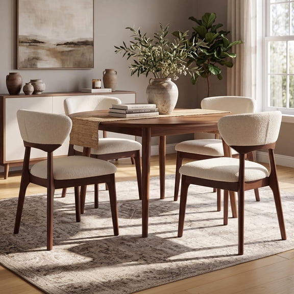 Guyou Wooden Dining Chairs Set of 4, Mid-Century Modern Upholstered Chenille Kitchen Chairs with Ergonomic Curved Back, Solid Rubberwood Legs, Accent Side Chairs, Cream White & Walnut