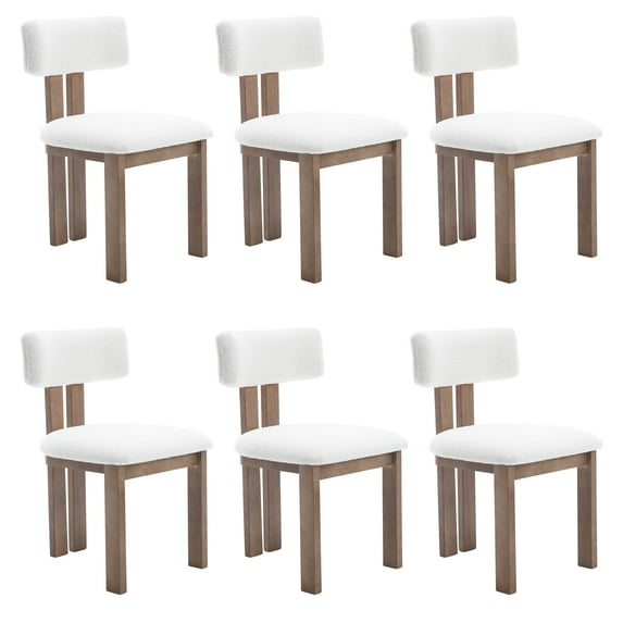 Guyou Wooden Dining Chairs Set of 6, Mid Century Modern Sherpa Upholstered Dining Side Chairs, Farmhouse Kitchen Chairs with Curved Back for Kitchen Dining Room Living Room, White