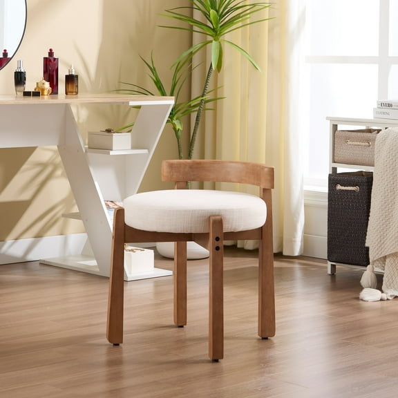 Guyou Wooden Vanity Chair, Modern Linen Upholstered Small Ottoman Footstool, Lovely Round Makeup Stool for Bedroom Living Room Makeup Room, Beige