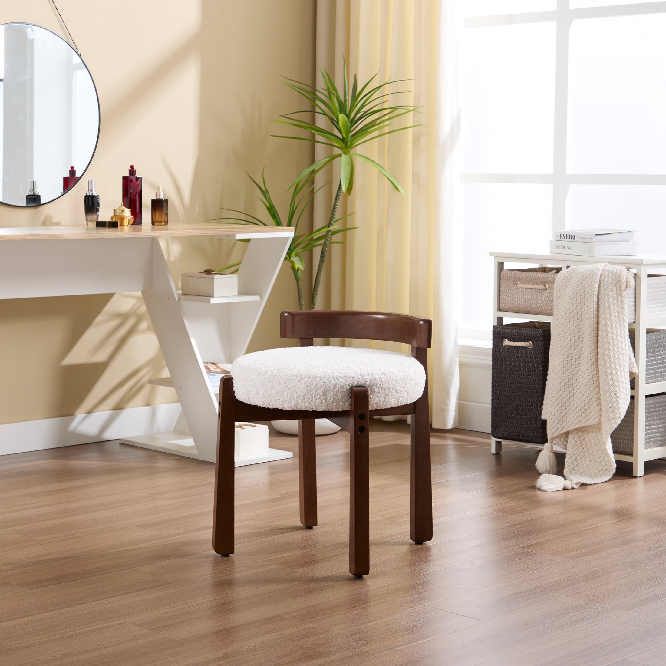 Guyou Wooden Vanity Chair, Modern Sherpa Upholstered Small Ottoman Footstool, Lovely Round Makeup Stool for Bedroom Living Room Makeup Room, White