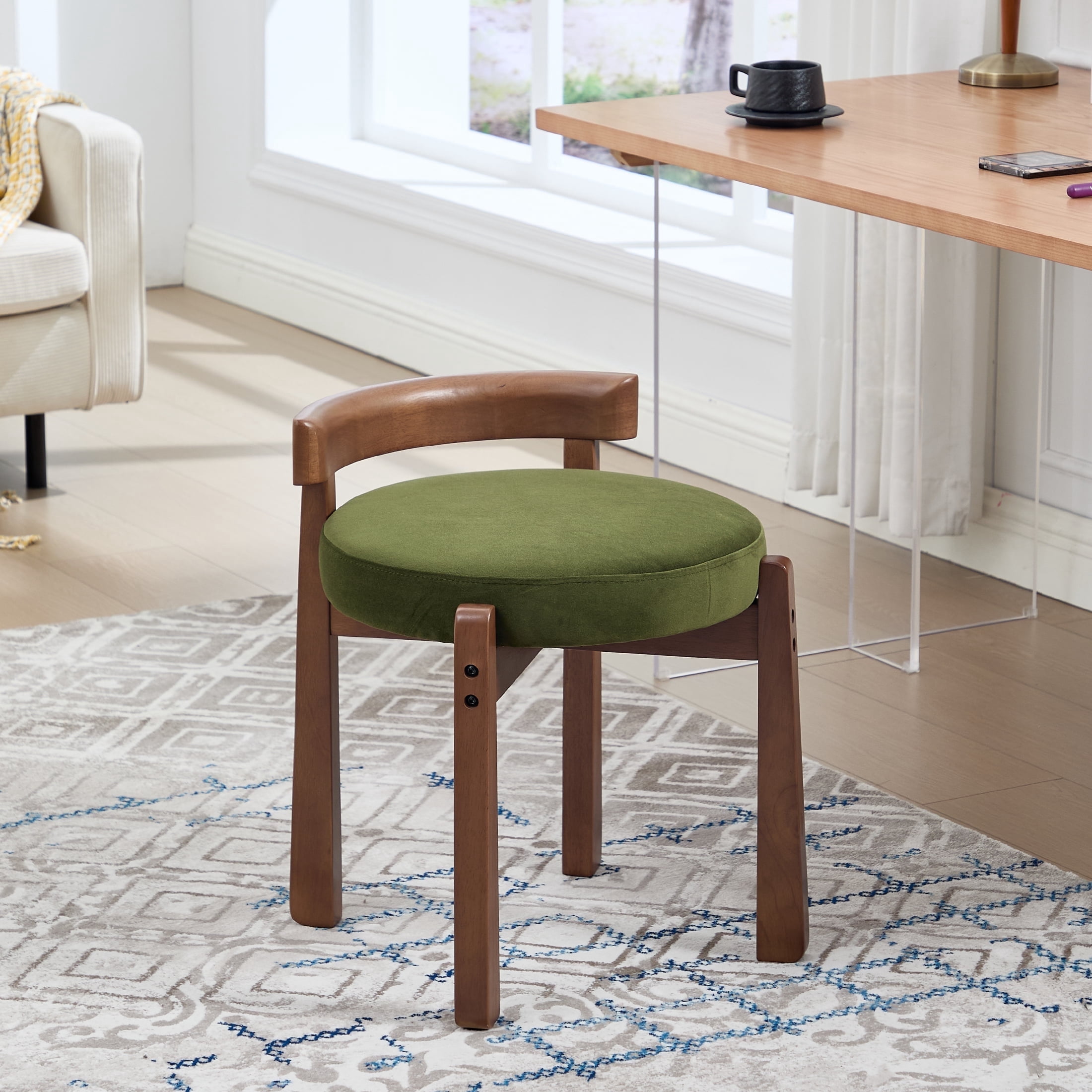 Guyou Wooden Vanity Chair, Modern Velvet Upholstered Small Ottoman Footstool, Lovely Round Makeup Stool for Bedroom Living Room Makeup Room, Green