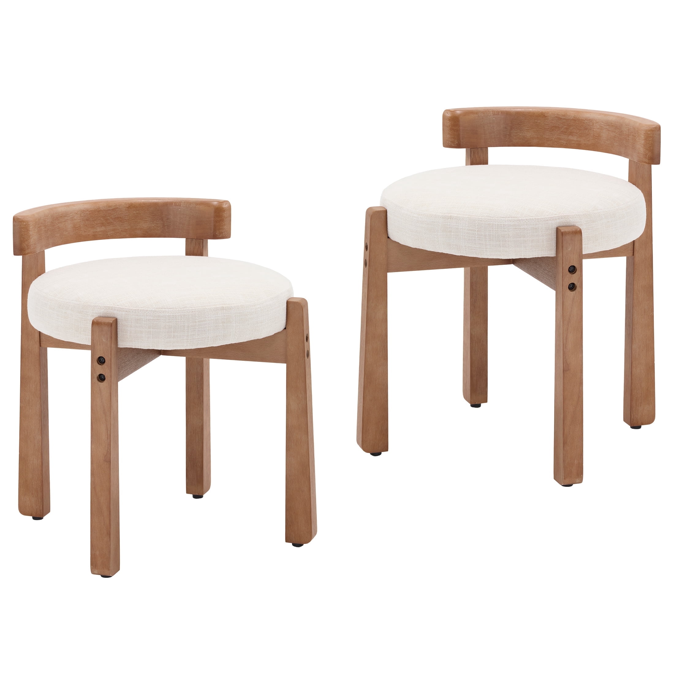 Guyou Wooden Vanity Chair Set of 2, Modern Linen Upholstered Small Ottoman Footstool, Lovely Round Makeup Stool for Bedroom Living Room Makeup Room, Beige