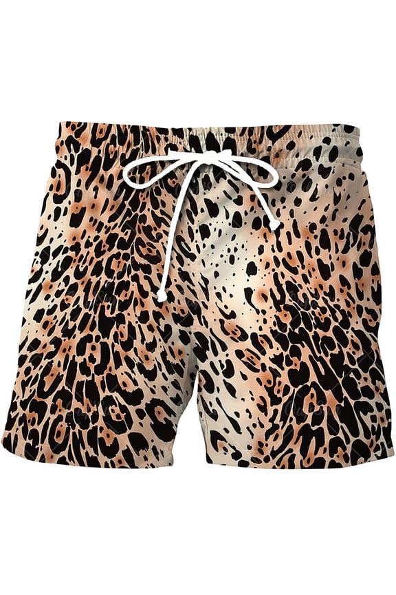 Guys Drawstring Elastic Waist Summer Casual Leopard Beach 3D Digital Print Shorts with Pockets Coffee Soft Breathable Lightweight Vacation Shorts