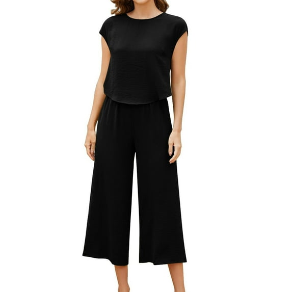 Guzom 2 Piece Outfits for Women Sleeveless Cotton Linen Tops with Wide Leg Pants Casual Loose Fit Solid Summer Outfit Lounge Sets- Black C Size 4