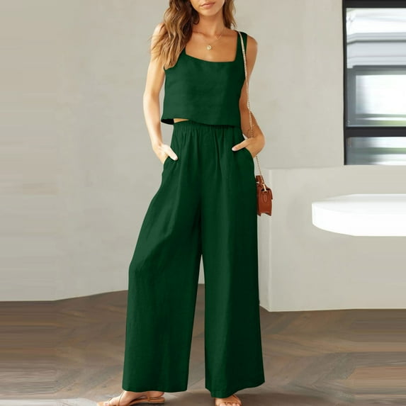 Guzom 2 Piece Outfits for Women Sleeveless Cotton Linen Tops with Wide Leg Pants Casual Loose Fit Solid Summer Outfit Lounge Sets- Green A Size 6