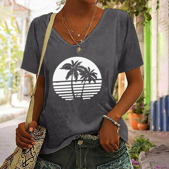 Zunfeo Junior Shirts for Women Short Sleeve Summer Tops Casual V Neck Pullover Beach Blouse T Shirts Dark Gray L