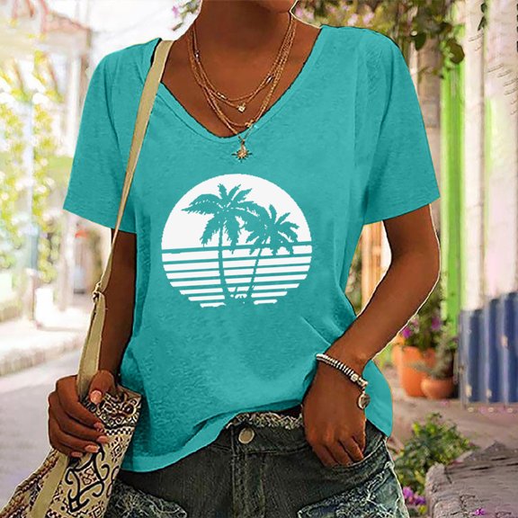 Zunfeo Junior Shirts for Women Short Sleeve Summer Tops Casual V Neck Pullover Beach Blouse T Shirts Sky Blue S