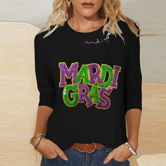 Guzom Carnival Womens Mardi Gras Top, Black Sequin 3/4 Sleeve Relaxed Fit Crew Neck Shirt with Purple Green Gold Accents, Size S-XXXL,Size M