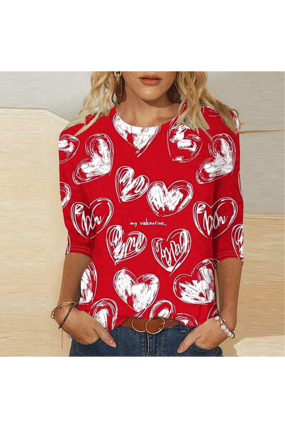 Carnival Womens Red Valentine's Day Top, Heart Print "My Valentine" Graphic, Three-Quarter Sleeve Relaxed Fit, 95% Polyester 5% Spandex, Inclusive Sizing S-XXXL,Size S