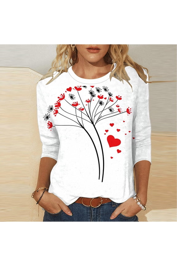 Carnival Womens Valentine's Day Heart Floral Print Top, White Crew Neck 3/4 Sleeve Casual Plus Size S-XXXXXL Polyester Spandex Romantic Top for Daily & Date,Size 3XL