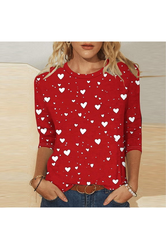 Carnival Womens Valentine's Day Red Heart Print Top, Crew Neck 3/4 Sleeve Stretch Polyester Spandex Relaxed Fit Plus Size Casual Top for Spring Fall,Size 3XL
