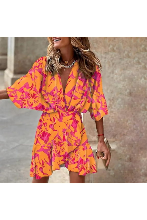 Dresses for Women 2023- Sexy Trumpet Half Sleeve Ruffle Hem Irregular Printed V-Neck Rise Mini Ruffle Dresses Orange M