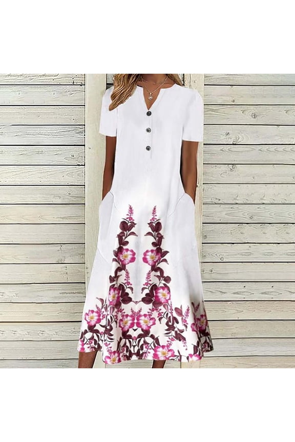 Easter Dress for Women- 2023 New Spring Maxi Dresses Printed V-Neck Short Sleeve Casual Womens Tops Pink