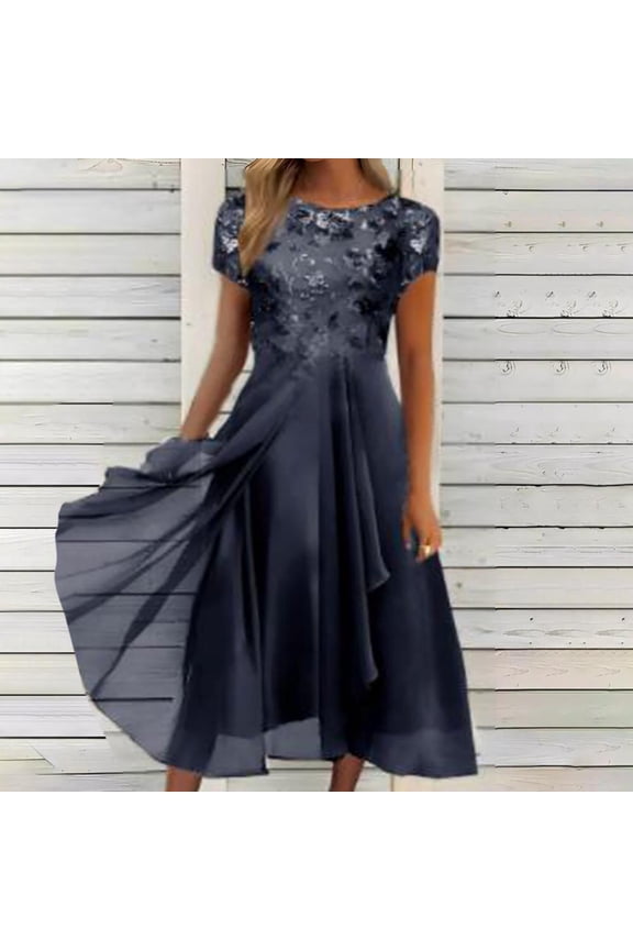 Easter Dress for Women- Crew Neck Party Dresses Solid Spring Short Sleeve 2023 New Sexy Womens Tops Navy