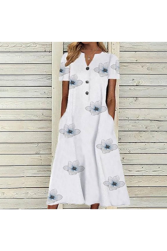 Easter Dress for Women- Maxi Dresses V-Neck Short Sleeve 2023 New Spring Casual Printed Womens Tops Blue