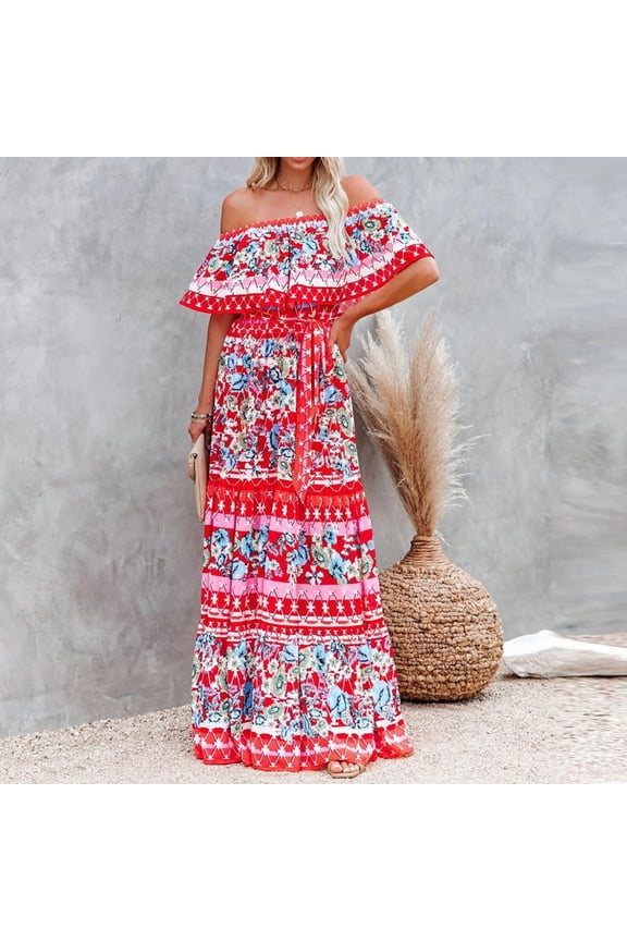 Easter Dress for Women- Sexy Boho Dresses 2023 New Printed Spring Short Sleeve Crew Neck Womens Tops Red