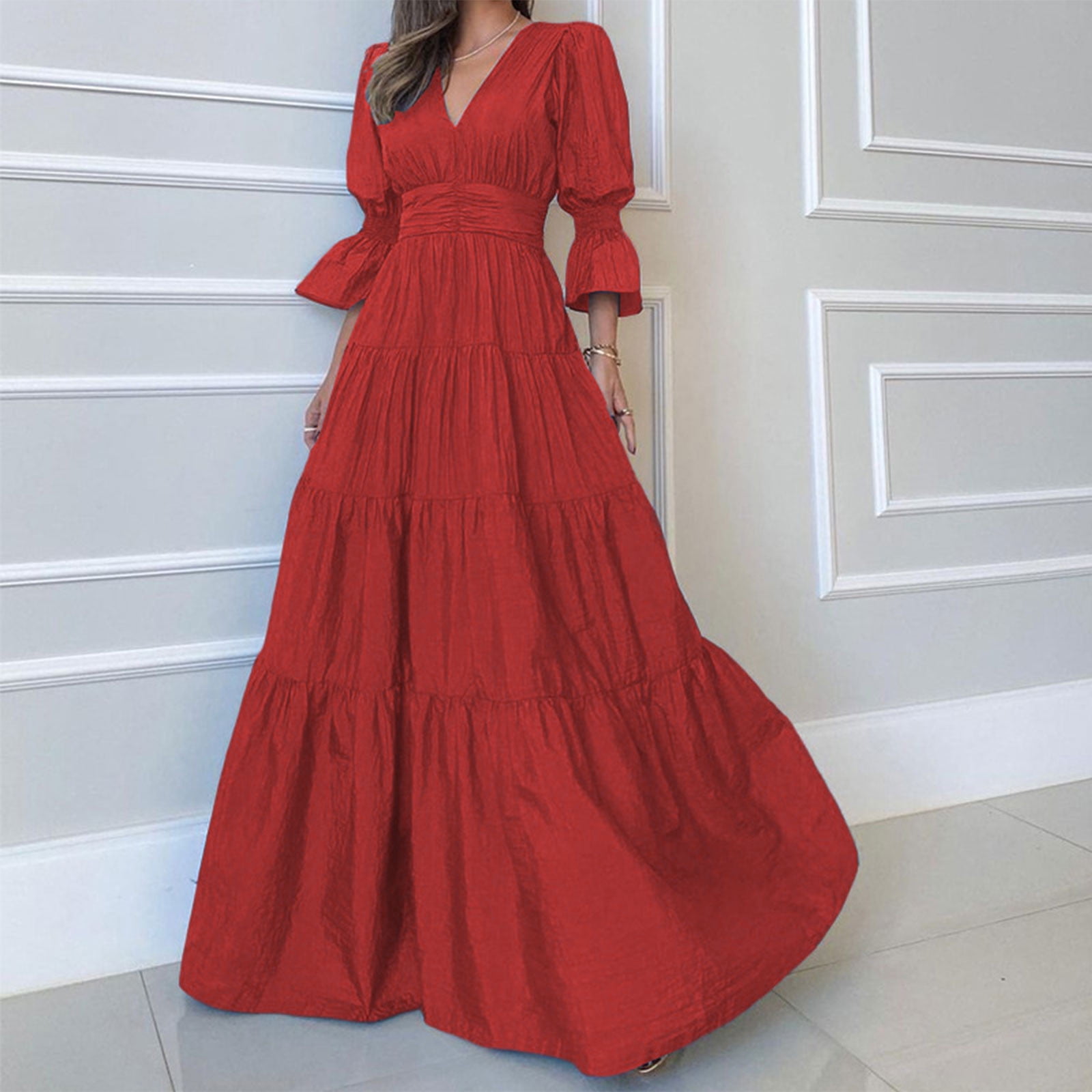 Guzom Fall Dresses for Women 2023 Flowly Long Sleeve Maxi Dresses V