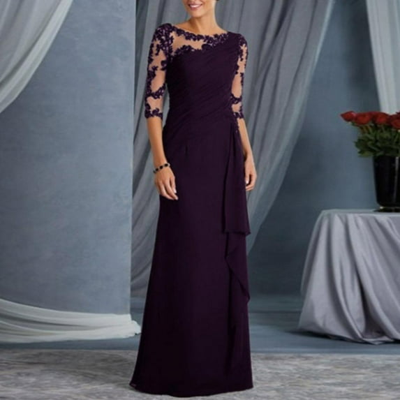 Guzom Fall Wedding Guest Dresses for Women- Crew Neck Elegant Maxi Dresses Long Sleeve 2023 Formal Dresses Purple
