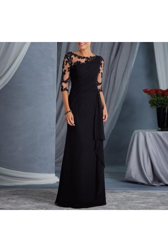 Fall Wedding Guest Dresses for Women- Long Sleeve Elegant Crew Neck Maxi Dresses 2023 Formal Dresses Black