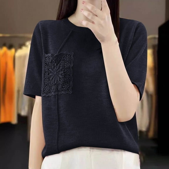 Guzom Fashion Womens Casual Solid Color Knit Short Sleeve Round - Neck Blouse for Everyday Wear,Black,Size XL