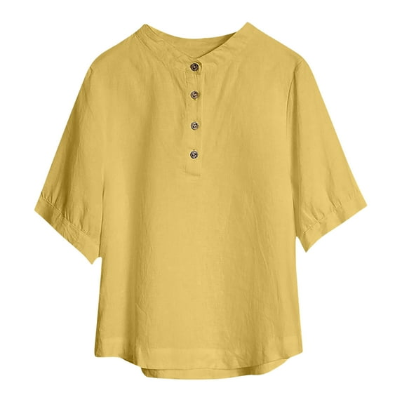Guzom Fashion Womens Summer 1/2 Sleeve Round - Neck Blouse for Casual Comfort,Yellow,Size L