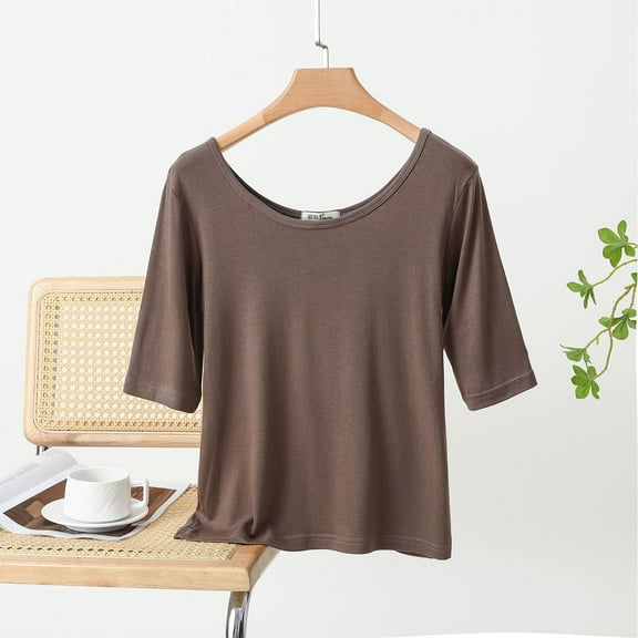 Guzom Fashion Womens Summer Casual Solid Color Loose Round-Neck T-Shirt for Various Occasions,Coffee,Size XL