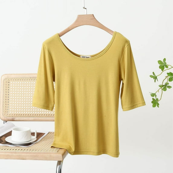 Guzom Fashion Womens Summer Casual Solid Color Loose Round-Neck T-Shirt for Various Occasions,Yellow,Size 2XL