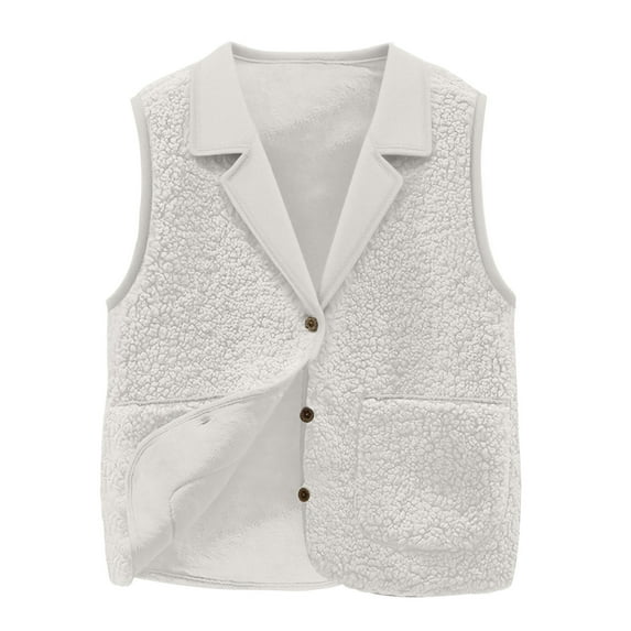 Guzom Faux Shearling Vest for Women - White Sleeveless, Notched Lapel, Fall Winter Layering, Polyester with Pockets & Vintage Buttons, S-XXL,Size XL