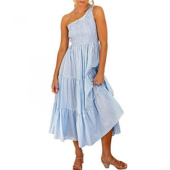 Guzom Graduation Dress- Gifts for Her Summer Striped Sleeveless Crew Neck Prom Dresses for Women 2023 Party Dress Light blue S