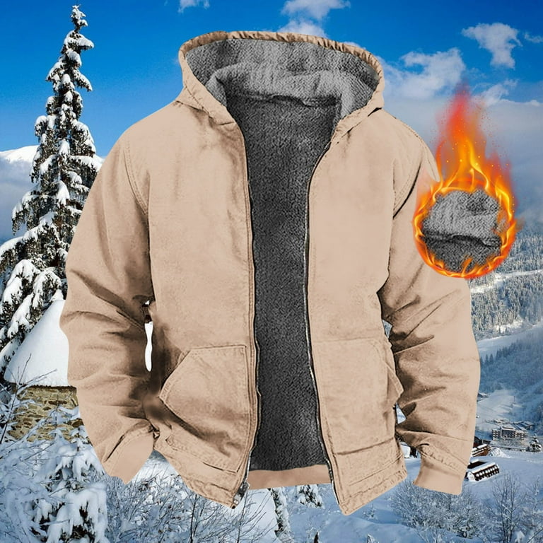 Guzom Jackets for Men Hooded Fall Winter Zip up Solid Color Fleece Lined Warm Casual Long Sleeve Mens Coats Khaki Size 3XL Walmart