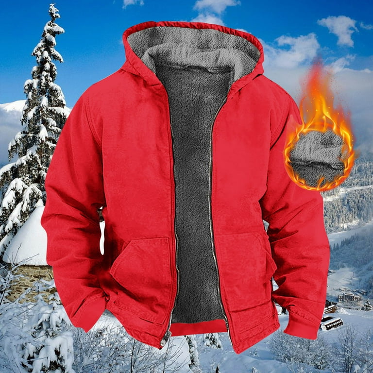 Guzom Jackets for Men Solid Color Casual Fall Winter Hooded Long Sleeve Zip up Fleece Lined Warm Mens Coats Red Size L Walmart